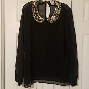 Black Blouse with Bejeweled Peter Pan Collar
